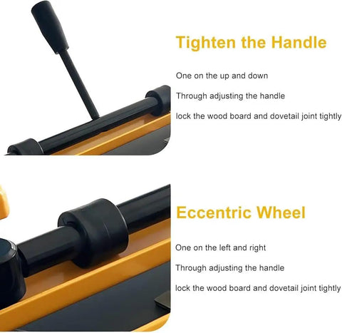 Close-up of Knockout Woodworking Dovetail Jig Hella Sturdy Router Template's handle and eccentric wheel for precise adjustments.