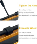 Close-up of Pro Grade Manual Dovetail Jig With Milling Cutter, showcasing the handle and eccentric wheel for securing joints.