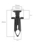 Black fender clip with measurements for Honda Rancher Foreman Rubicon Rincon TRX680 TRX650 Fender Clips Replacement 50 Pack Body Rivets