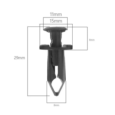 Black fender clip with measurements for Honda Rancher Foreman Rubicon Rincon TRX680 TRX650 Fender Clips Replacement 50 Pack Body Rivets