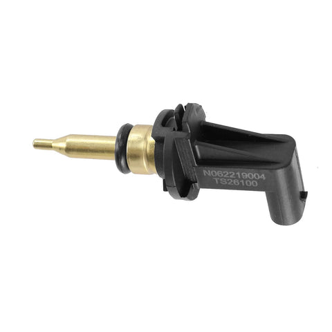 Side view of A-Premium automotive coolant temperature sensor with brass probe and black plastic housing.