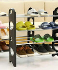 Four Tier Shoe Rack Organizer Vertical Entryway Storage Shelf Featuring Solid Plastic Frame Designed to Neatly Store Boots Umbrellas and Daily Essentials on Narrow Floors for a Sweet Clean Setup Without Any Fuss or Extra Effort with various shoes.