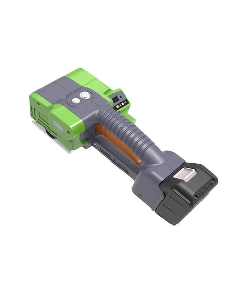 Fully Automatic Handheld Steel Strapping Machine With One Key Portable Electric Baler Kit Creating Strong Seals Without Tools Easy Peasy Setup On Job Sites And Sturdy Build Quality Makes All Tasks A Breeze. Green and gray handheld steel strapping tool with battery pack