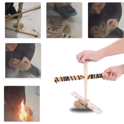 Friction Bow Drill Fire Starter Kit For Outdoor Survival And Camping, wood fire making tool in demonstration steps, durable set