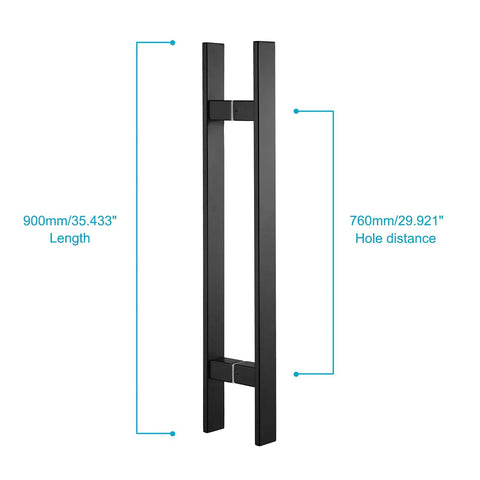 36 Inch Solid Stainless Steel Push Pull Door Handle With Solid Standoffs Built To Last For Barn Doors And Glass Panels, Heavy Duty Commercial Grade 304 Matte Black Finish, showing dimensions.