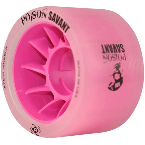 Close-up of Poison Savant Skate Wheels Pink 4 Pack 59mm x 38mm, showcasing oversized core for faster roll and lighter feel.