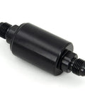 Heavy Duty An6 Billet Inline Fuel Filter With Removable Replaceable Canister Black Anodized Aluminum Housing angled view