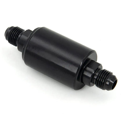 Heavy Duty An6 Billet Inline Fuel Filter With Removable Replaceable Canister Black Anodized Aluminum Housing angled view