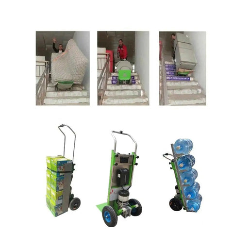 Heavy Duty Electric Stair Climber Cart That Totally Crushes Heavy Loads And Makes Moving Furniture Or Kegs Up Down Stairs A Breeze For Any Home Renovation Crew on stairs with various loads.