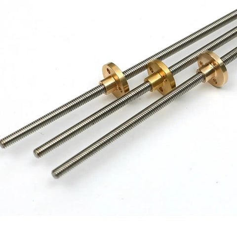 Heavy Duty T5 Lead Screw 304 Stainless Steel Rod With Copper Nut For 3D Printer Z Axis showing multiple screw lengths and copper nuts.