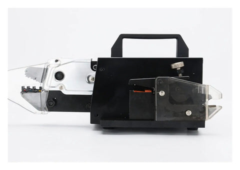 Heavy Duty Electric Cold Press Terminal Crimping Workhorse With Auto Wire Strip And Cut Actions Featuring Quick Swap Dies for pro wiring use, side view.