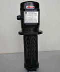 Front view of black immersion coolant pump with perforated steel cylinder and top motor housing.