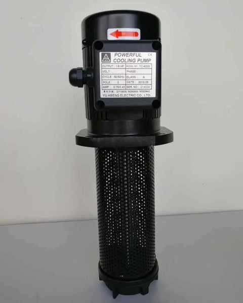 Front view of black immersion coolant pump with perforated steel cylinder and top motor housing.