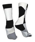 Game Changing Compression Socks For Men And Women Rocking A Dope Black And White Piano Plate Grid Pattern moisture wicking black and white design.