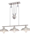Industrial Vintage Three-Light Island Pendant With Pulley Ceiling Light, white shades, brushed nickel finish, 27-inch adjustable cord