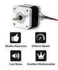 NEMA17 stepper motors kit with quality assurance, uniform speed, low noise, and excellent workmanship icons.