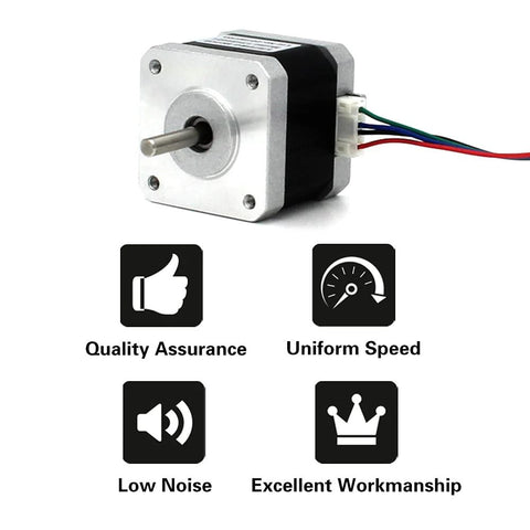 NEMA17 stepper motors kit with quality assurance, uniform speed, low noise, and excellent workmanship icons.