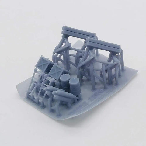 Premium 3D Printed HO And OO Scale Train Locomotive Maintenance Platform With Authentic Workshop Props And Detailed Repair Stand Gear For Dope Diorama Layouts And Serious Hobby Displays in gray resin featuring repair stands and tools.