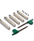 Straight Up Heavy Duty Mini Indexable Lathe Turning Tool Set With Three Eighth Inch Nickel Shank includes blades and wrenches.