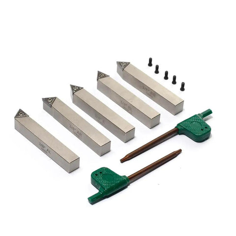 Straight Up Heavy Duty Mini Indexable Lathe Turning Tool Set With Three Eighth Inch Nickel Shank includes blades and wrenches.