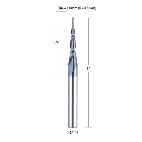 Amazon SpeTool tapered ball nose spiral router bit, 1.0 mm tip, 0.5 mm radius, steel shank