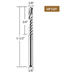 Five Piece O Flute End Mill Set With One Eighth Inch Shank Three Quarter Inch Cutting Length Solid Carbide Spiral Router Bits For CNC Milling Wood Acrylic PVC Pro Grade Smooth Cuts; close-up view