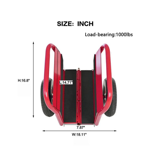 Totally Built Tough Heavy Duty Panel Dolly Cart Moves 1000 Lbs With Ease, showing red steel frame dimensions and adjustable clamp.