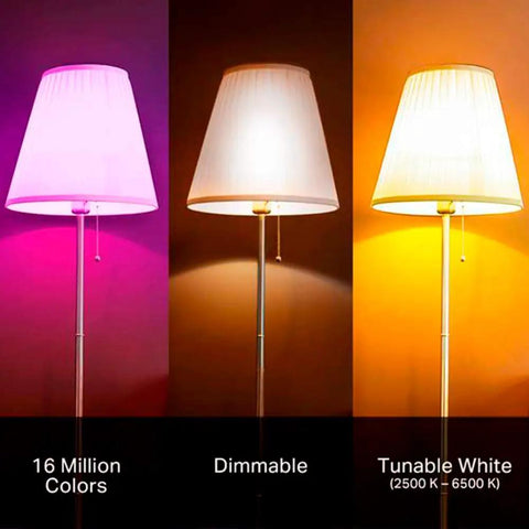 Color Changing A19 Led Bulb, 850 Lumens, Dimmable WiFi Light, Works With Alexa And Google Home, No Hub Required, 9.5W, 2.4GHz, showing color variations with lampshades.