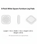 Diagram of Eight Pack White Square Furniture Leg Pads 1.18 Inch PVC Floor Protectors, front, side, and angle view.