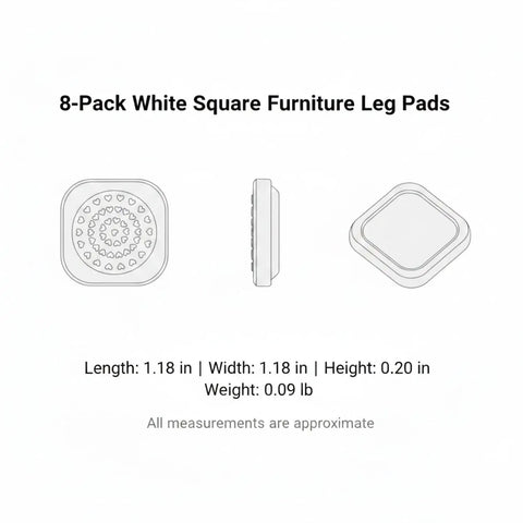Diagram of Eight Pack White Square Furniture Leg Pads 1.18 Inch PVC Floor Protectors, front, side, and angle view.
