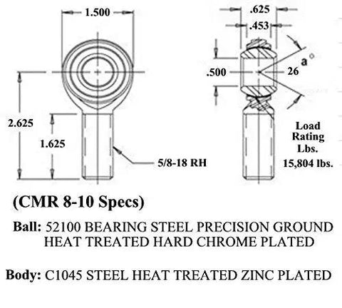 Heavy Duty 1/2 X 5/8-18 Thread Four Link Rod End Kit With Right Hand And Left Hand Steel Spherical Bearings Plus Jam Nuts And Cone Spacers Made Dang Tough For Hot Rod Suspension Swaps technical specification diagram with dimensions and materials.