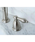 Heritage 8 Inch Widespread Lavatory Faucet With Brass Pop Up Dope Matte Black Finish detail on marble countertop