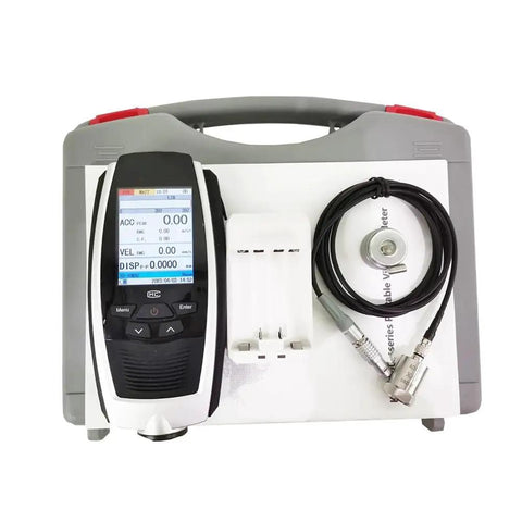 Badass Handheld Vibration Tester Built Tough For Dead Simple Acceleration Velocity And Displacement Testing with display and cables.