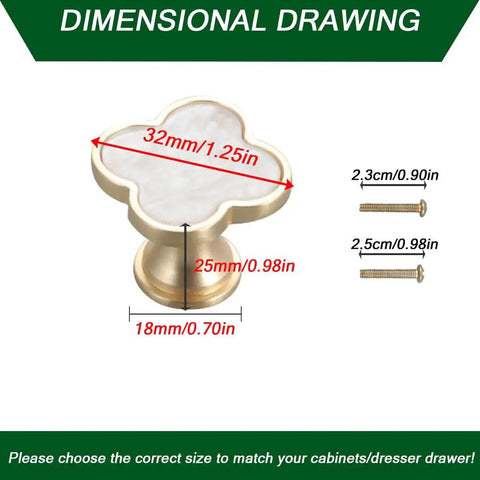 Six Pack Brass Four Leaf Clover Cabinet Knobs Set Gold Finish White Zinc Alloy Single Hole Mount For Cabinets Drawers Dressers Furniture Kitchen Wardrobe Bathroom Decorative Door Pulls, 32mm