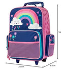 Stephen Joseph kids rolling luggage, 18cm tall, rainbow and clouds, pink sides, front mesh pocket, wheeled carry-on