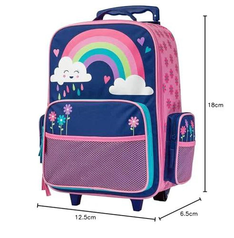Stephen Joseph kids rolling luggage, 18cm tall, rainbow and clouds, pink sides, front mesh pocket, wheeled carry-on