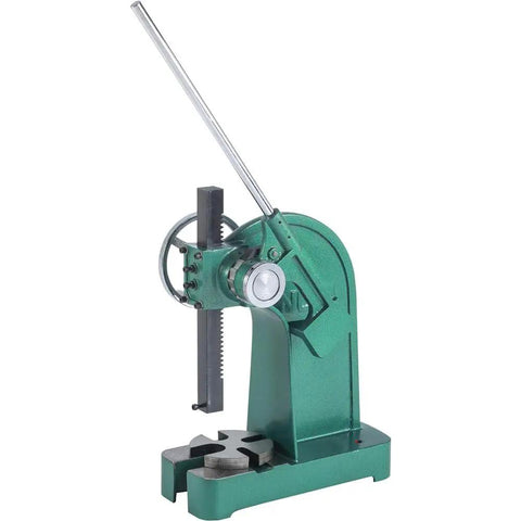 5 Ton Ratcheting Arbor Press Heavy Cast Iron Shop Press With 12 Inch Throat showing green iron frame and ratcheting lever.
