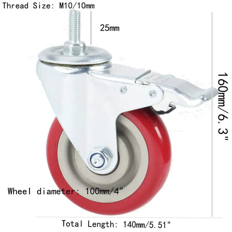 Hefty Heavy Duty Swivel Casters With Double Lock Brakes And Slick Red Polyurethane Wheels For Ultra Smooth Silent Roll with 100mm wheel diameter.