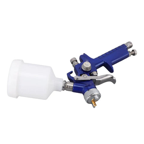 Heavy Duty Hvlp Paint Sprayer Featuring Gravity Feed Cup And Precision Brass Nozzle Delivers Slick Finish And Hassle Free Detailing For Automotive And Furniture Repairs, showing blue body and white gravity cup.