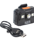 Rechargeable LED Headlamp with USB-C cable, Klein Tools brand, 300 lumen work light for hard hats, magnetic mount, bracket compatible.