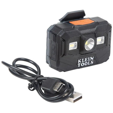 Rechargeable LED Headlamp with USB-C cable, Klein Tools brand, 300 lumen work light for hard hats, magnetic mount, bracket compatible.