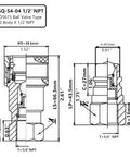 LSQ-S4-04 1/2'' NPT ISO5675 hydraulic quick-connect coupling, ball valve type, two-view schematic with dimensions