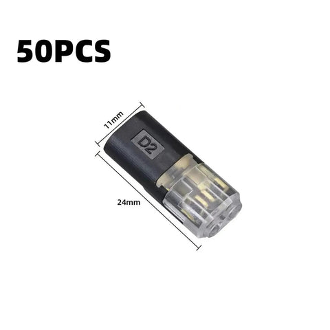 Get A Fast Fix With Double Wire Locking Plugs, 30 Pcs Of 2 Pin Pluggable Connectors That Skip The Strip Job For Home Lighting And Quick Wiring Jobs Without Tools. 50pcs D2 2-pin plug, 11mm x 24mm, black plastic with clear cap