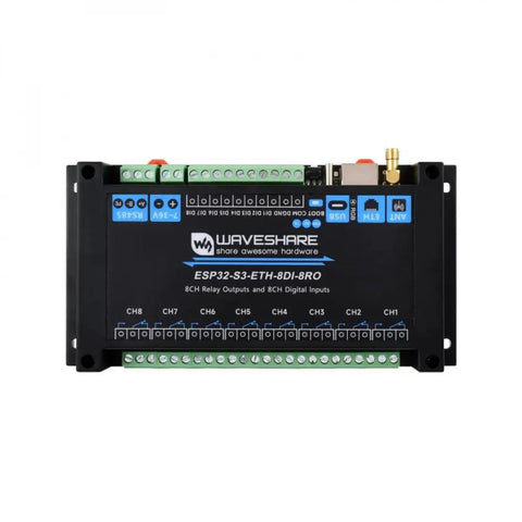 8 Channel ESP32 S3 WiFi Relay Module With RS485 Isolation And Dual Core Processor 8 Digital Inputs And 8 Relay Outputs For DIY Smart Home Automation And Industrial Control Projects, front view