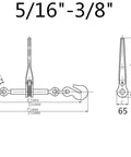 Technical drawing of a chain ratchet load binder, 5/16 to 3/8 inch size, with dimensions labeled, industrial equipment.