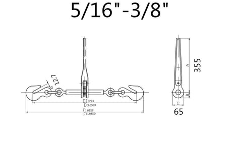 Technical drawing of a chain ratchet load binder, 5/16 to 3/8 inch size, with dimensions labeled, industrial equipment.