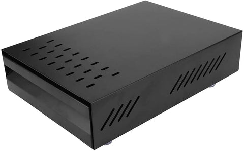 Sleek Stainless Steel Coffee Knock Box Featuring A Detachable Drawer Removable Rubber Knock Bar And Steady Non Slip Pads For Quick Home Espresso Cleanup side view with holes for ease of use.