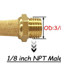 Close-up of a brass 1/8 inch NPT male muffler for pneumatic systems, showing detailed threading and hex body with measurements