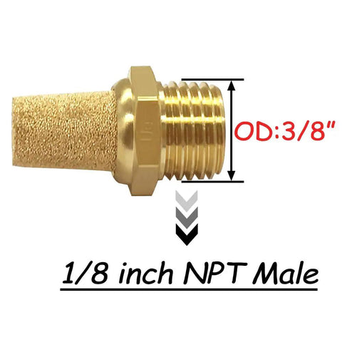 Close-up of a brass 1/8 inch NPT male muffler for pneumatic systems, showing detailed threading and hex body with measurements