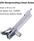 Side view of DC24V reciprocating linear actuator with motor, mounting bracket, and end connector